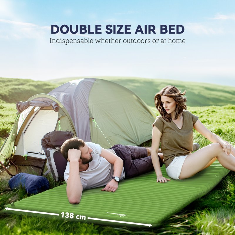 Outsunny 2 Person Camping Inflating Sleeping Mat Inflatable Mattress Ultralight Folding Bed Portable Air Bed for Outdoor Backpacking Hiking Travel - Green