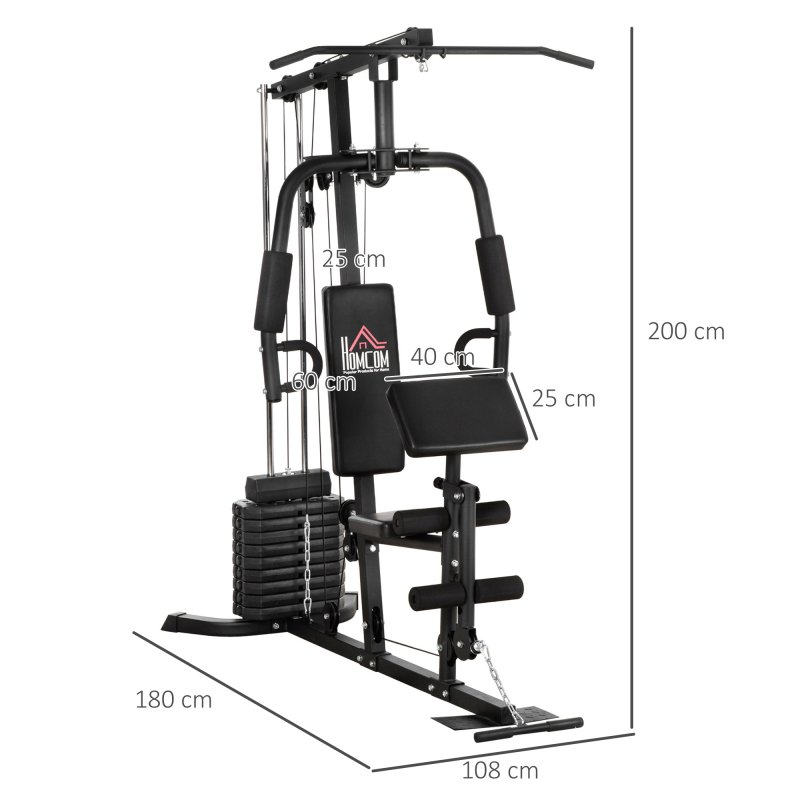 HOMCOM Multi Gym with Weights, Multifunction Home Gym Machine with 45kg Weight Stack, for Lat Pulldown, Leg Extensions, Preacher Bicep Curls, Triceps Pulldowns, Chest Press, Strength Training