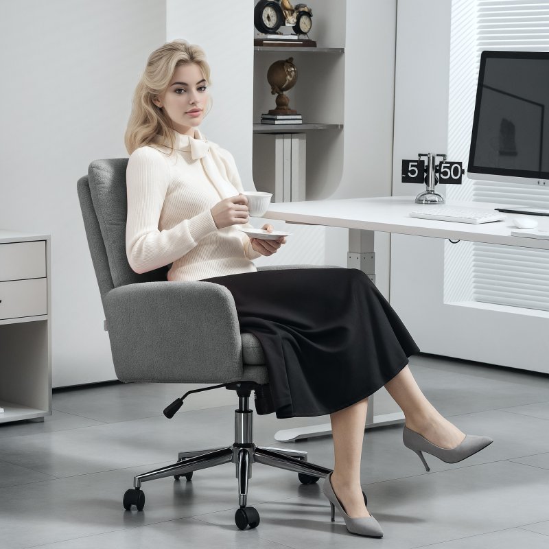 HOMCOM Home Office Chair, Upholstered Sherpa Fleece Desk Chair with Height Adjustable, Tilt Function and 360° Swivel Wheels for Home Office and Study Room, Grey