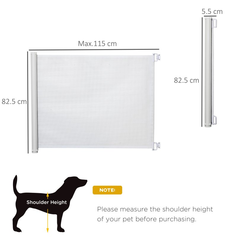 PawHut Retractable Stair Gate for Dogs, Pet Mesh Safety Gate Extends up to 115cm for Doorways Indoor- White