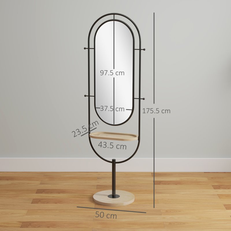 HOMCOM Full Length Mirror, Oval Free Standing Mirror with Wooden Tray, 4 Hooks and Metal Frame for Living Room, Bedroom, Cloakroom, Black