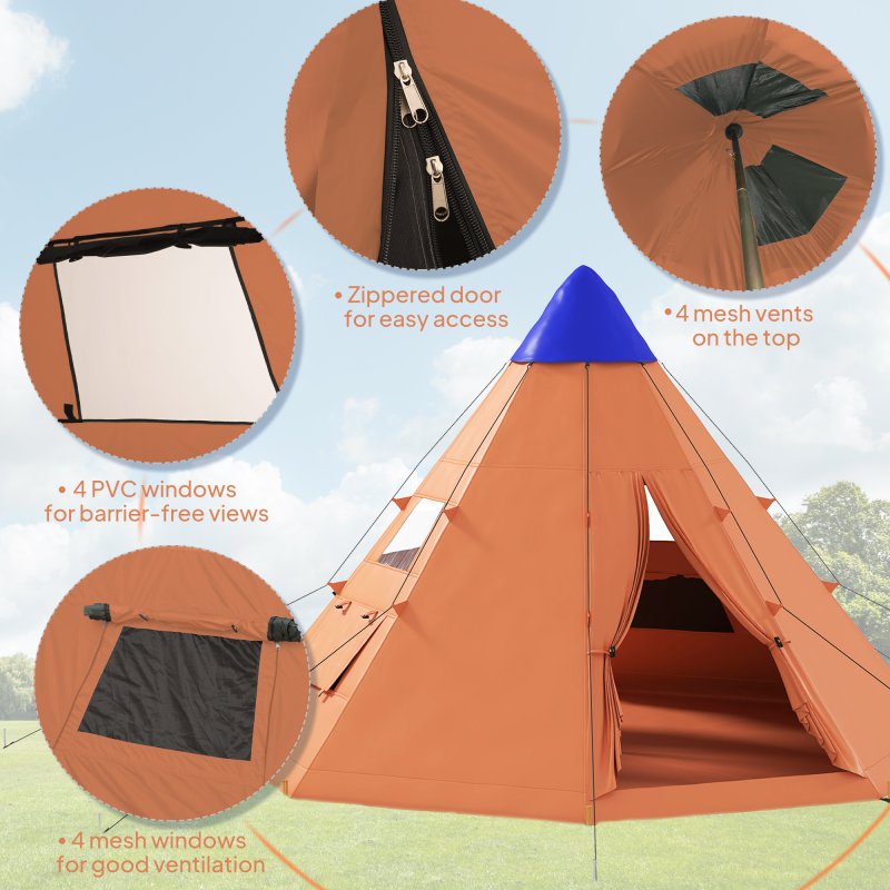 Outsunny 6 Men Tipi Tent, Camping Tent with Mesh Windows, Sewn-in Floor, Two Doors and Carry Bag, Easy Set Up, for Hiking Picnics Outdoor Night, Orange