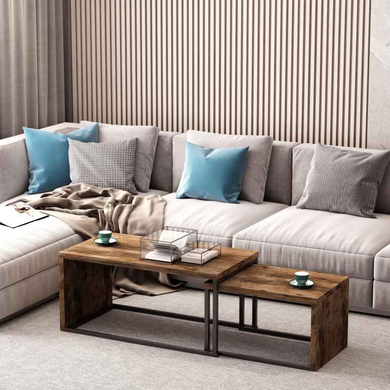 HOMCOM Coffee Tables Set of 2, Industrial Nest of Tables with Metal Frame for Living Room Bedroom
