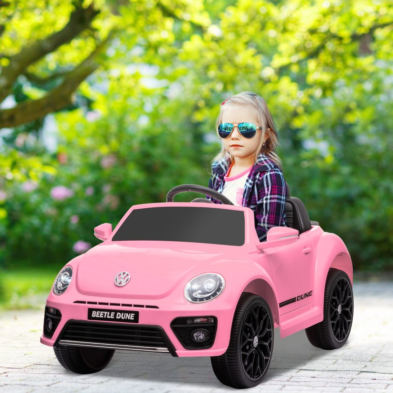 AIYAPLAY Volkswagen Beetle Licensed Ride on Car, 12V Kids Electric Car with Remote Control, 4 Spring Suspension Wheels, Soft Start, Headlights, FM Radio, Music, Horn, Pink