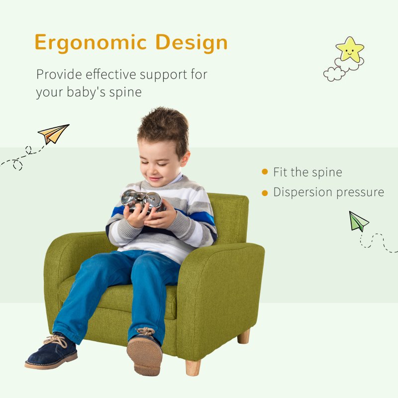 HOMCOM Children's Armchairs Toddler Chair Wood Frame Anti-Slip Legs High Back Bedroom Playroom Furniture Green