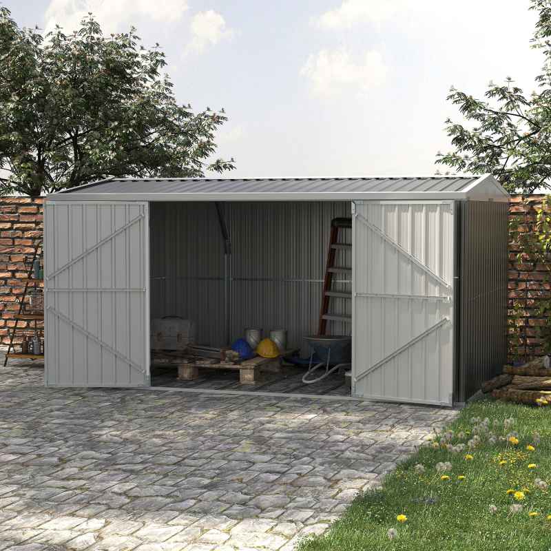 Outsunny 14 x 8ft Outdoor Garden Metal Storage Shed with Lockable Door, Tool Storage Box with Sloped Roof, 4 Windows and Floor Foundation for Backyard, Patio and Lawn - Grey