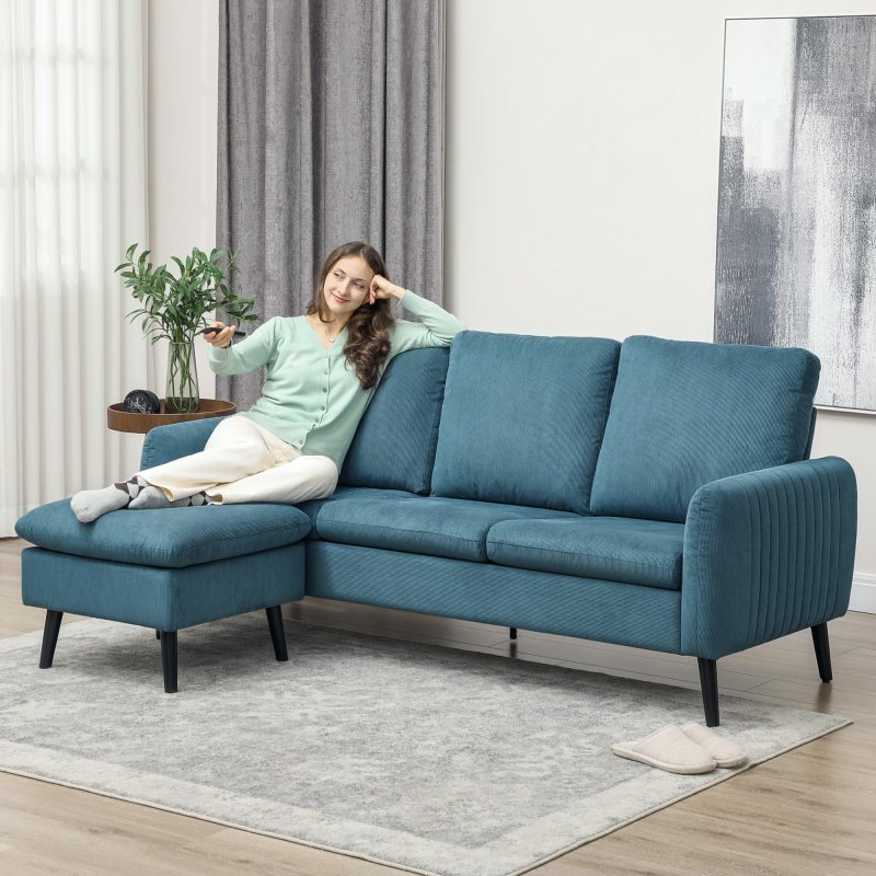 HOMCOM 3 Seater Sofa with Ottoman, 196cm Corduroy L-shaped Sofa Couch with Scatter Back, Reversible Chaise Lounge for Living Room, Home Office, Small Spaces, Blue
