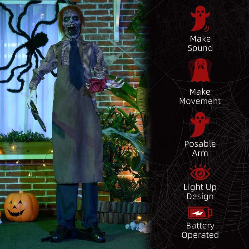 HOMCOM 5.5ft Life Size Halloween Animatronic Standing Chainsaw Killer, with Light Up Eyes, Sound Activated Moving Body, Scary Halloween Decorations, Battery Operated, Indoor Party Props
