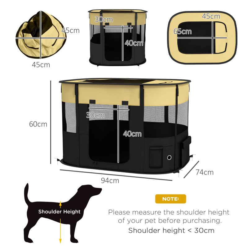 PawHut Dog Pen, Pet Playpen, Portable Foldable Dog Cat Playpen Soft Pet Cage with Storage Bag for Puppies, Rabbits, Kittens, Guinea Pigs, 94 x 74 x 60cm - Yellow