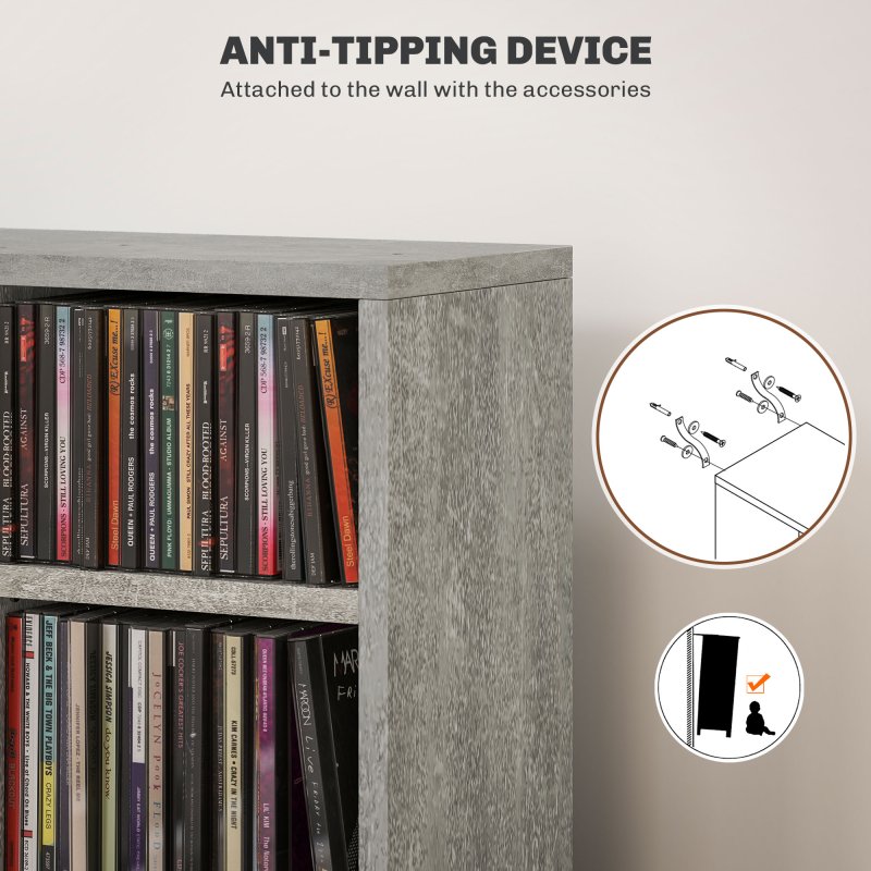 HOMCOM 204 CD Media Display Shelf Unit Set of 2 Blu-Ray Tower Rack w/ Adjustable Shelves Bookcase Storage Organiser, Cement Grey