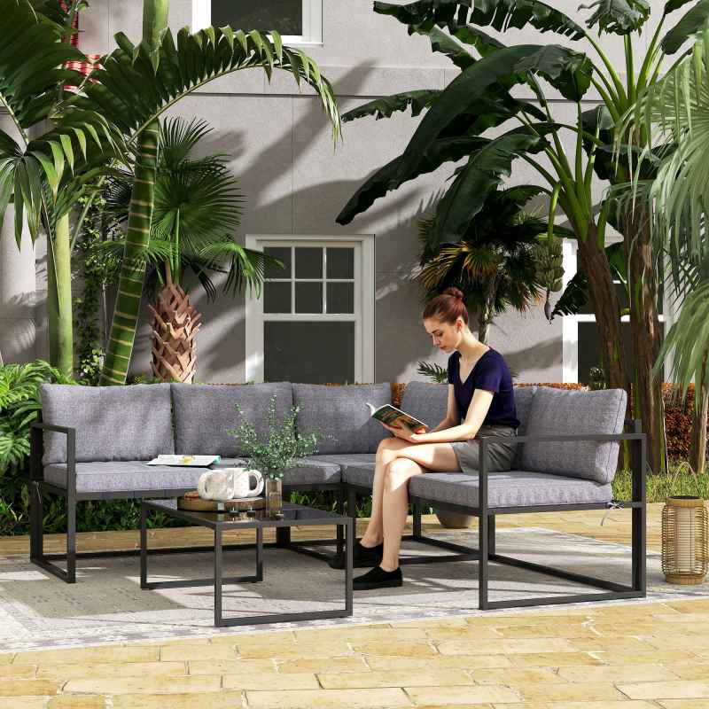 Outsunny 3 Piece L Shaped Garden Furniture Set with Cushions, Garden Corner Sofa Set with 3-Seater Sofa, Loveseat and Tempered Glass Top Table for Outdoor, Grey