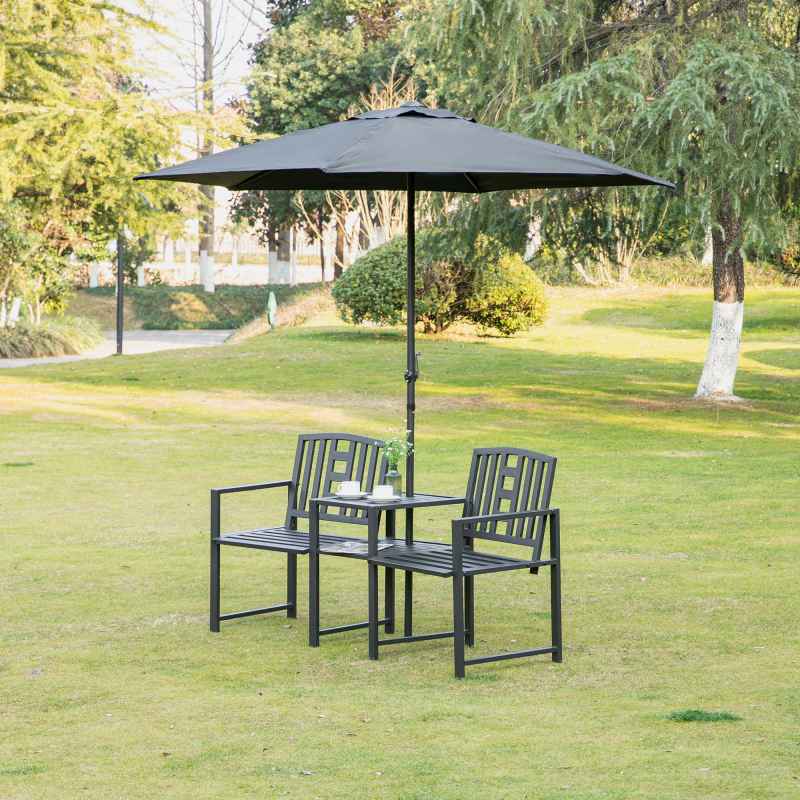 Outsunny Patio Tete-a-tete Chair 2 Seat Bench Middle Coffee Table w/ Umbrella Hole for Outdoors Decorative Slatted Design Steel Frame Black