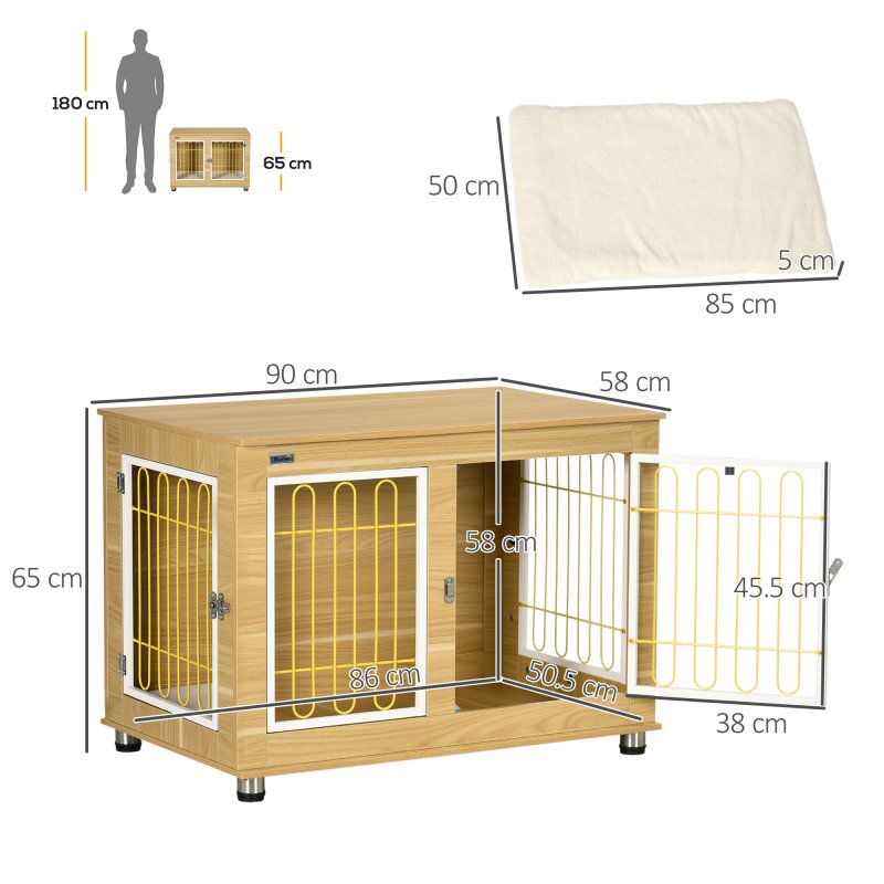 PawHut Dog Crate Furniture, Side End Table, Indoor Dog Kennel with Soft Washable Cushion, Wire Mesh, Large Top, for Medium and Large Dogs, 90 x 58 x 65, Oak Tone
