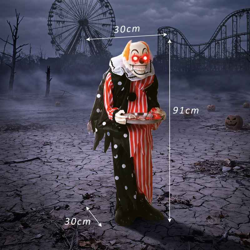 HOMCOM 36"/91 cm Animated Clown Halloween Decoration, Standing Halloween Animatronic with Sound and Touch Activation, Red Light-Up Eyes, Moving Mouth, Candy Tray