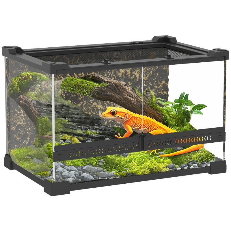 PawHut Reptile Glass Terrarium, Reptile Vivarium with Stone Background, Front Ventilation, Escape-Proof Knob Lock, Glass Enclosure for Lizards, Horned Frogs, Snakes, 30 x 20 x 20 cm, Black
