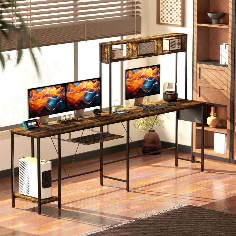 HOMCOM 160cm Reversible L Shaped Desk with Power Outlet, Industrial Corner Desk with Storage Shelves and Keyboard Tray, 240cm Long Computer Desk for 2 Person, Rustic Brown