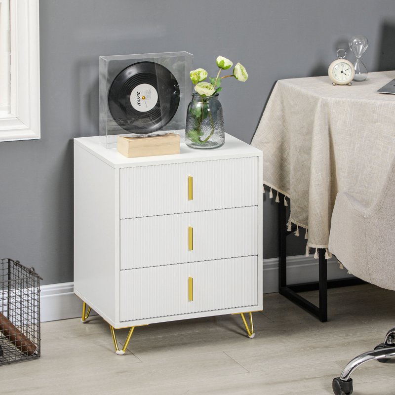 HOMCOM Modern 3 Drawer Dresser, Fluted Bedroom Dresser Chest of Drawers with Metal Legs and Steel Handles for Bedroom, White
