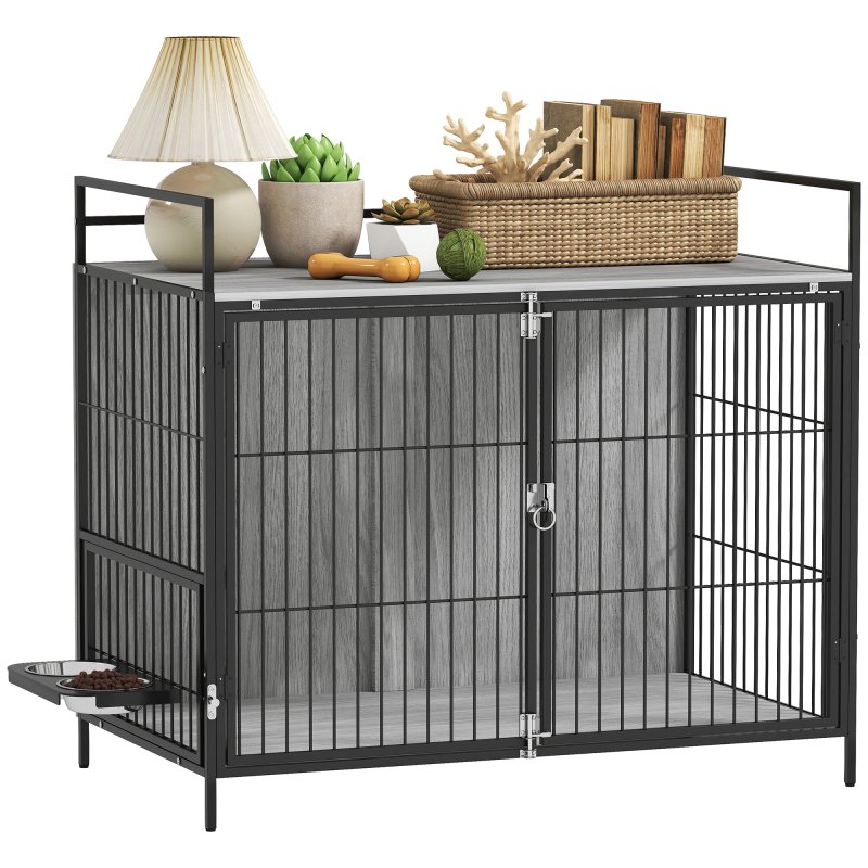 PawHut Dog Crate Furniture with 2 Rotatable Bowls, Dog Crate End Table with 2 Anti-Escape Doors, Storage Shelf, for Large Dogs, 100 x 60 x 88 cm, Grey
