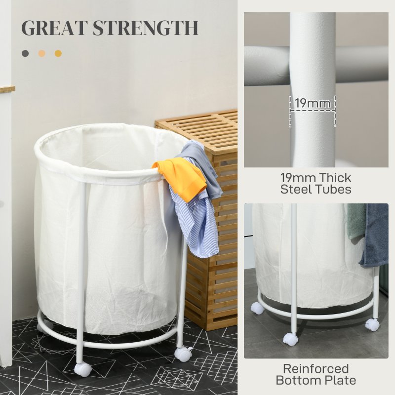 HOMCOM 100L Rolling Laundry Basket on Wheels, 50cm Round Laundry Hamper with Removable Bag and Steel Frame for Bedroom, Bathroom, Laundry Room, Cream White