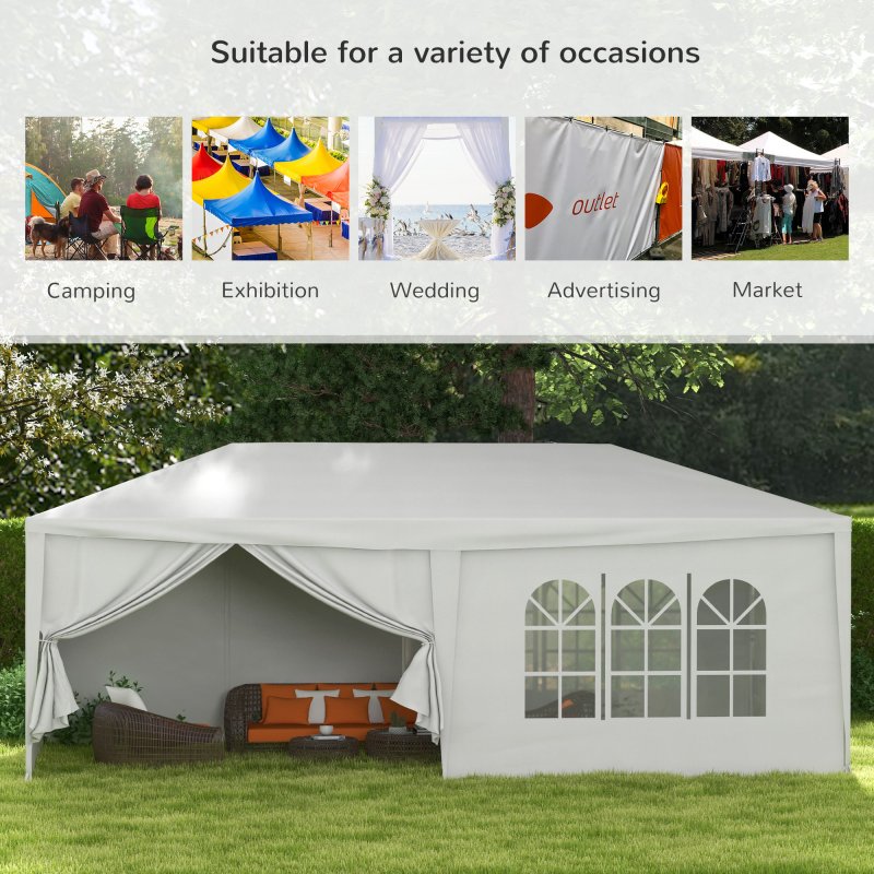 Outsunny 6 x 3(m) Gazebo Canopy Party Tent with 6 Removable Side Walls for Outdoor Event with Windows and Doors, White