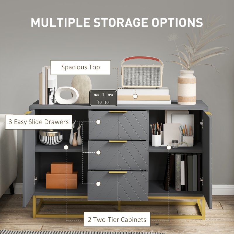 HOMCOM Sideboard for Living Room, Modern Storage Cabinet with 3 Drawers and Adjustable Shelves, Freestanding Cupboard for Dining Room, Kitchen, Grey