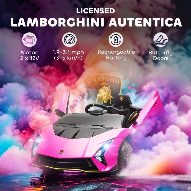 AIYAPLAY 12V Lamborghini Autentica Licensed Kids Electric Car with Butterfly Doors, Ride on Car with Remote Control, 4 Suspension Wheels, Soft Start, LED Lights, Music, Horn, Pink