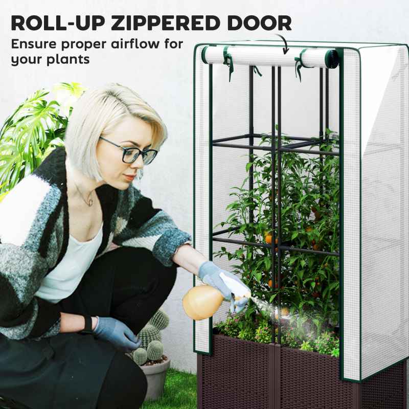 Outsunny Raised Garden Bed with Trellis, Plastic Planter Box with PE Cover, Drainage Holes, Drain Plugs and Water Reservoirs for Climbing Plants, Vegetables, Flowers, 80 x 40 x 140 cm