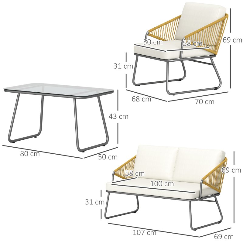 Outsunny 4 Piece Rattan Garden Furniture Set, Wicker Patio Outdoor Furniture Set with Loveseat, Armchairs, Glass Top Coffee Table and Cushions for Patio, Conservatory, Balcony, Natural Wood Finish