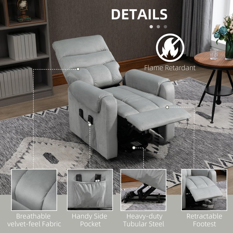 HOMCOM Recliner Electric Power Lift Chair for Elderly with 8 Vibration Massage Points, Upholstered Reclining Chair with Remote Controls, Side Pockets, Grey