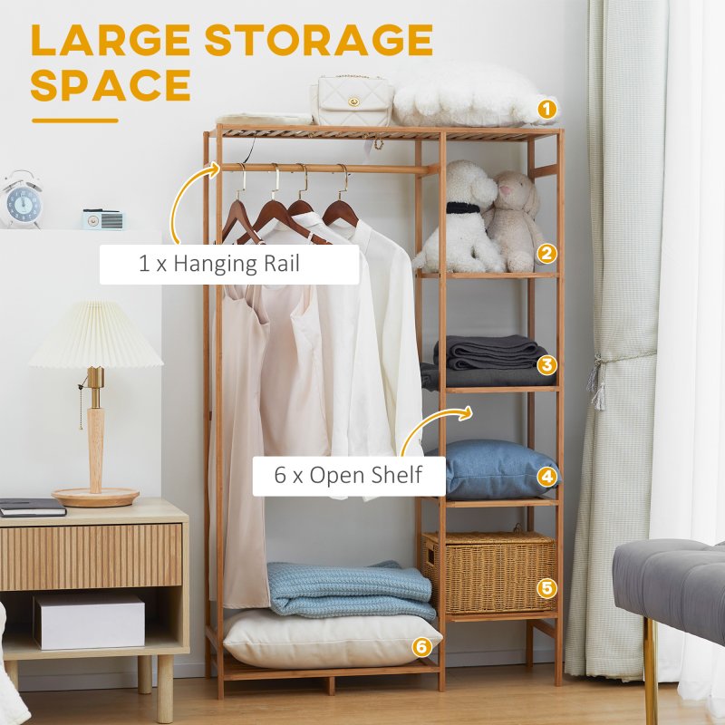 HOMCOM Bamboo Clothes Rail for Bedroom, Garment Rack with 6-Tier Storage Shelf and Hanging Rod, Clothes Rack for Living Room, Entryway, Natural Wood Effect