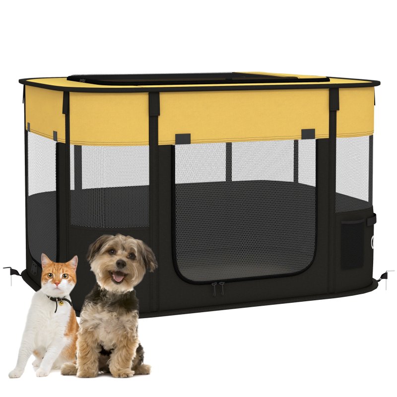 PawHut Dog Pen, Pet Playpen, Portable Foldable Dog Cat Playpen Soft Pet Cage with Storage Bag for Puppies, Rabbits, Kittens, Guinea Pigs, 84 x 64 x 53cm - Yellow