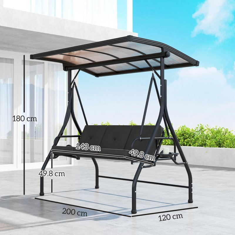 Outsunny 3 Seater Garden Swing Seat Bed with UPF30+ Adjustable Canopy, Convertible Swing Chair with Cushion, Outdoor Hammock Bench with Cup Trays for Balcony Patio, Black