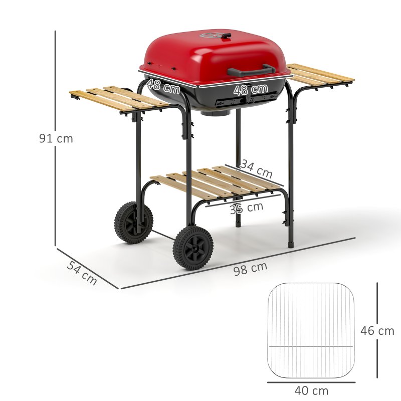 Outsunny Charcoal Barbecue Grill Portable BBQ Grill with 1840 cm? Cooking Area, 3 Shelves, Adjustable Vent, Lockable Lid, Wheels for Outdoor Cooking, Garden Party, Red