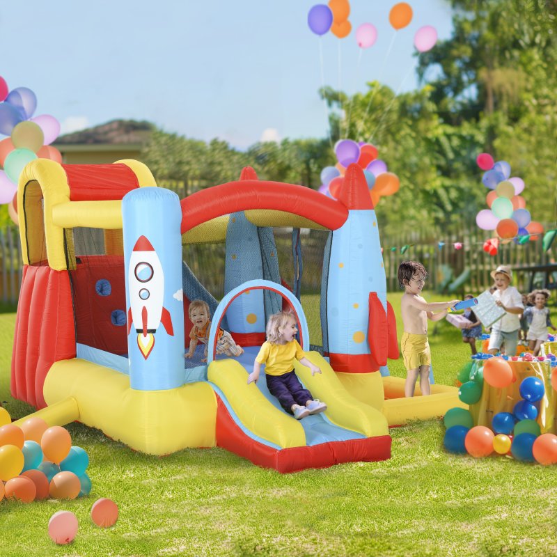 Outsunny Bouncy Castle Inflatable Bouncy Castles for Children Bounce House 3 in 1 w/ Trampoline Slide Water Pool with Blower for Kids Age 3-8 Rocket Design 3.3 x 2.65 x 1.85m