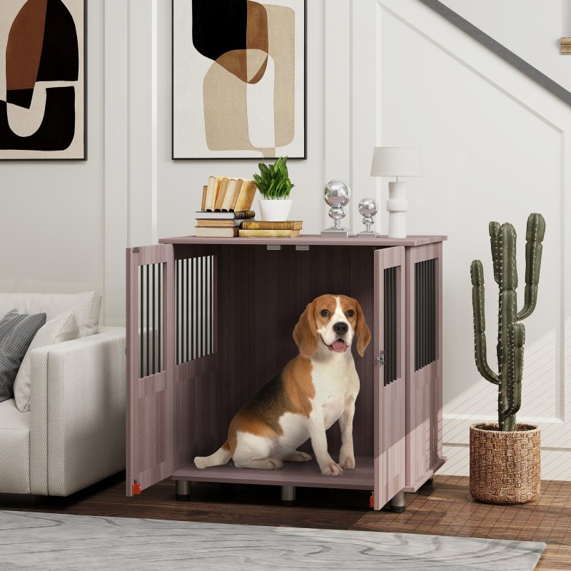 PawHut Dog Crate Furniture End Table, Pet Kennel for Small and Medium Dogs with Magnetic Door Indoor Animal Cage, Purple, 85 x 55 x 75 cm