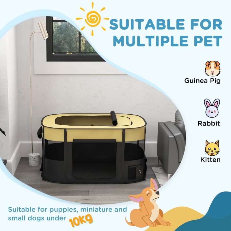 PawHut Dog Pen, Pet Playpen, Portable Foldable Dog Cat Playpen Soft Pet Cage with Storage Bag for Puppies, Rabbits, Kittens, Guinea Pigs, 114 x 89 x 59cm - Yellow