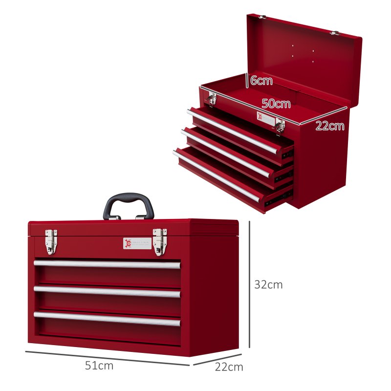 DURHAND 3 Drawer Tool Chest, Lockable Metal Tool Box with Ball Bearing Runners, Portable Toolbox, 510mm x 220mm x 320mm, Red