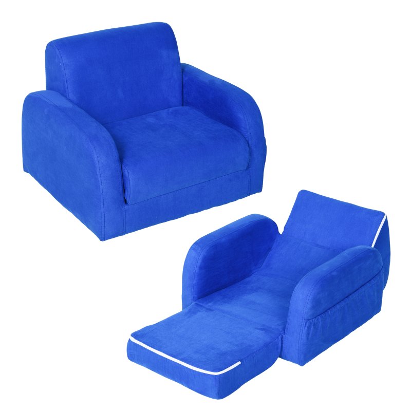 HOMCOM Children's Armchairs Kids Toddler Sofa Chair 2 In 1 Sofa Bed Folding Couch Soft Flannel Sponge Playroom Bedroom Living Room Blue