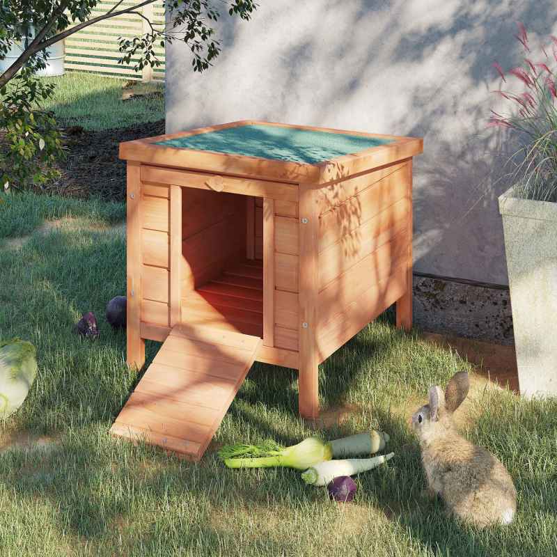PawHut Wooden Rabbit Hutch Outdoor, Guinea Pig Hutch, Rabbit Hideaway, Cat House, Bunny Cage Small Animal House 51 x 42 x 43 cm, Natural