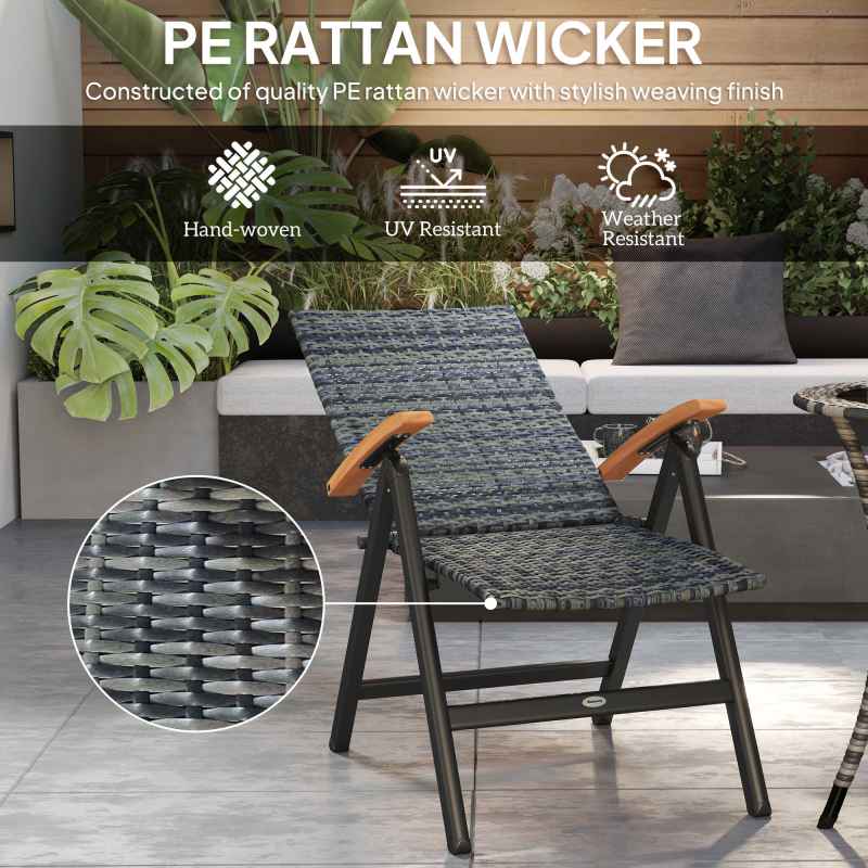 Outsunny Outdoor Folding Dining Chair, PE Rattan Chair with Armrests, High Backrest, for Garden, Camping, Balcony, Porch, Mixed-grey