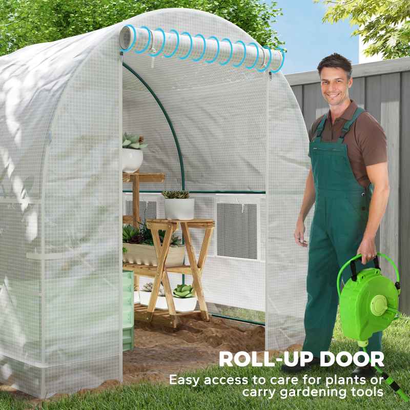 Outsunny Reinforced Walk In Polytunnel Greenhouse with Roll Up Door, Galvanised Steel Frame and Zipped Door Windows (2 x 2.5m), White
