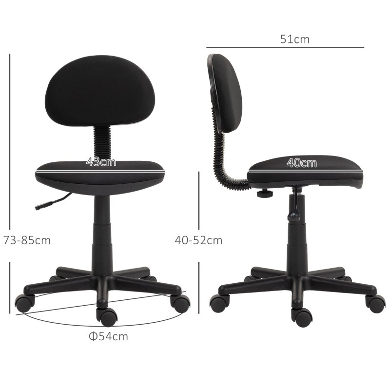 HOMCOM Armless Office Chair, Small Desk Chair, Height Adjustable Computer Chair with Rolling Wheels and Low Back, Black