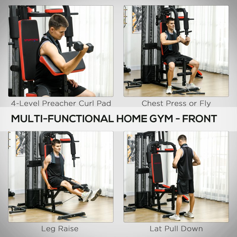 SPORTNOW Multi Gym Workout Station All-in-One Home Gym Equipment with 65kg Weight Stack, Sit Up Bench, Push Up Stand, Dip Station, for Home Gym Full Body Strength Training