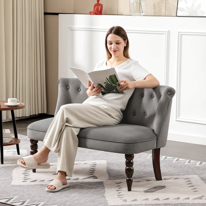 HOMCOM Loveseat with Wood Frame, Compact 2 Seater Sofa, Button Tufted Chaise Lounger with Carved Legs, Vintage Design for Bedroom Living room, Charcoal Grey