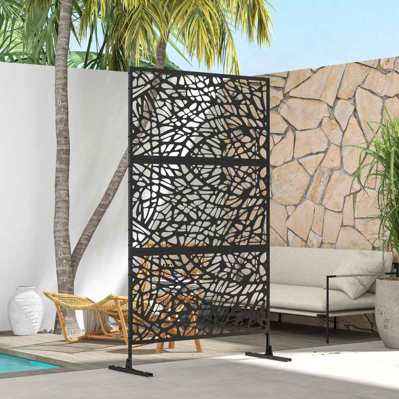 Outsunny Decorative Garden Privacy Screen with Stand, 6.5FT Freestanding Metal Outdoor Divider, Decorative Privacy Panel with Expansion Screws for Garden Pool Hot Tub, Twisted Line Style, Black