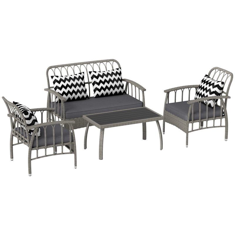 Outsunny 4 Piece Rattan Garden Furniture Set, Garden Sofa Set with 5-Level Adjustable Armchairs, Loveseat, Coffee Table and Cushions, Wicker Outdoor Conservatory Furniture for Patio Balcony, Grey