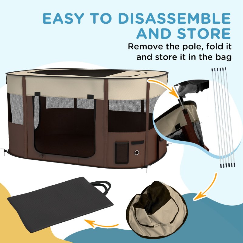 PawHut Dog Pen, Pet Playpen, Portable Foldable Dog Cat Playpen Soft Pet Cage with Storage Bag for Puppies, Rabbits, Kittens, Guinea Pigs, 114 x 89 x 59cm - Brown