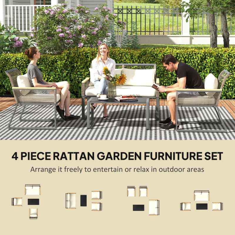 Outsunny 4 Piece Rattan Garden Furniture, 4 Seater Rattan Sofa Set, Round Wicker Rope Patio Conversation Set with 2 Armchairs, Loveseat, Glass Top Coffee Table and Cushions for Outdoor, Balcony, Grey