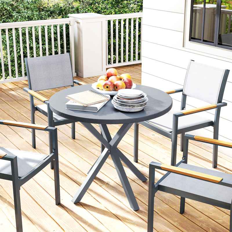 Outsunny Garden Table, 85cm Round Outdoor Dining Table with Steel Frame, Wood Effect Top, for Balcony, Deck, Dark Grey