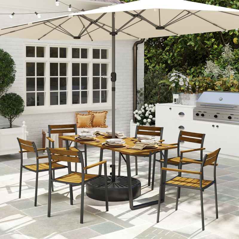 Outsunny 7 Piece Garden Dining Set, Fir Wood Garden Furniture Set with Rectangle Table and 6 Stackable Chairs, Umbrella Hole, Slatted Top and Steel Frame, for Patio Balcony Porch, Brown